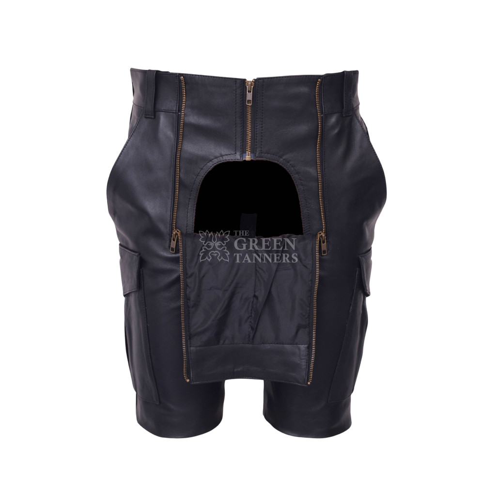 Mens Leather Cargo Shorts - Front Side View