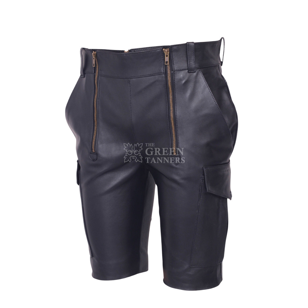 Mens Leather Cargo Shorts - Side View