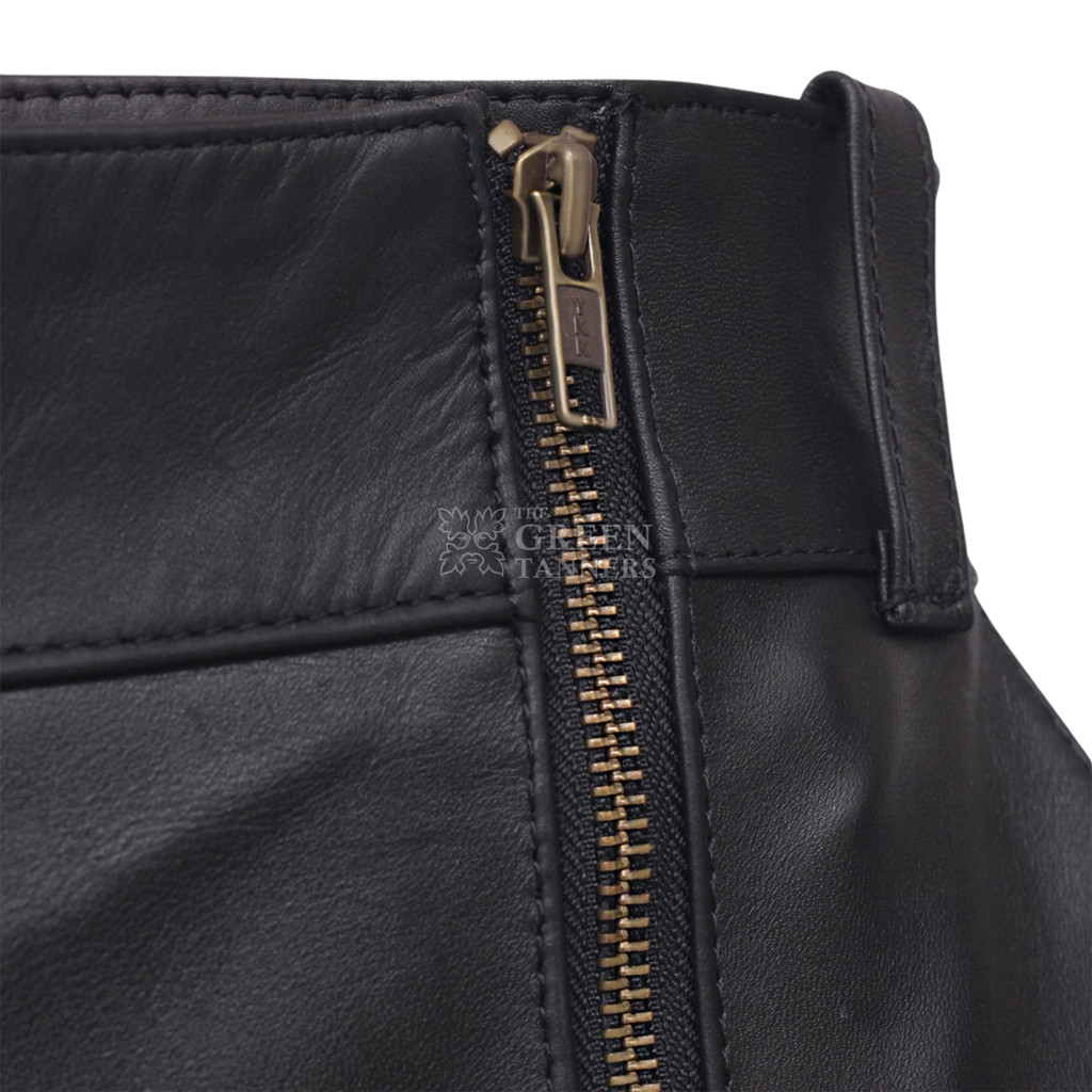 Mens Leather Cargo Shorts - Closed Zipper View