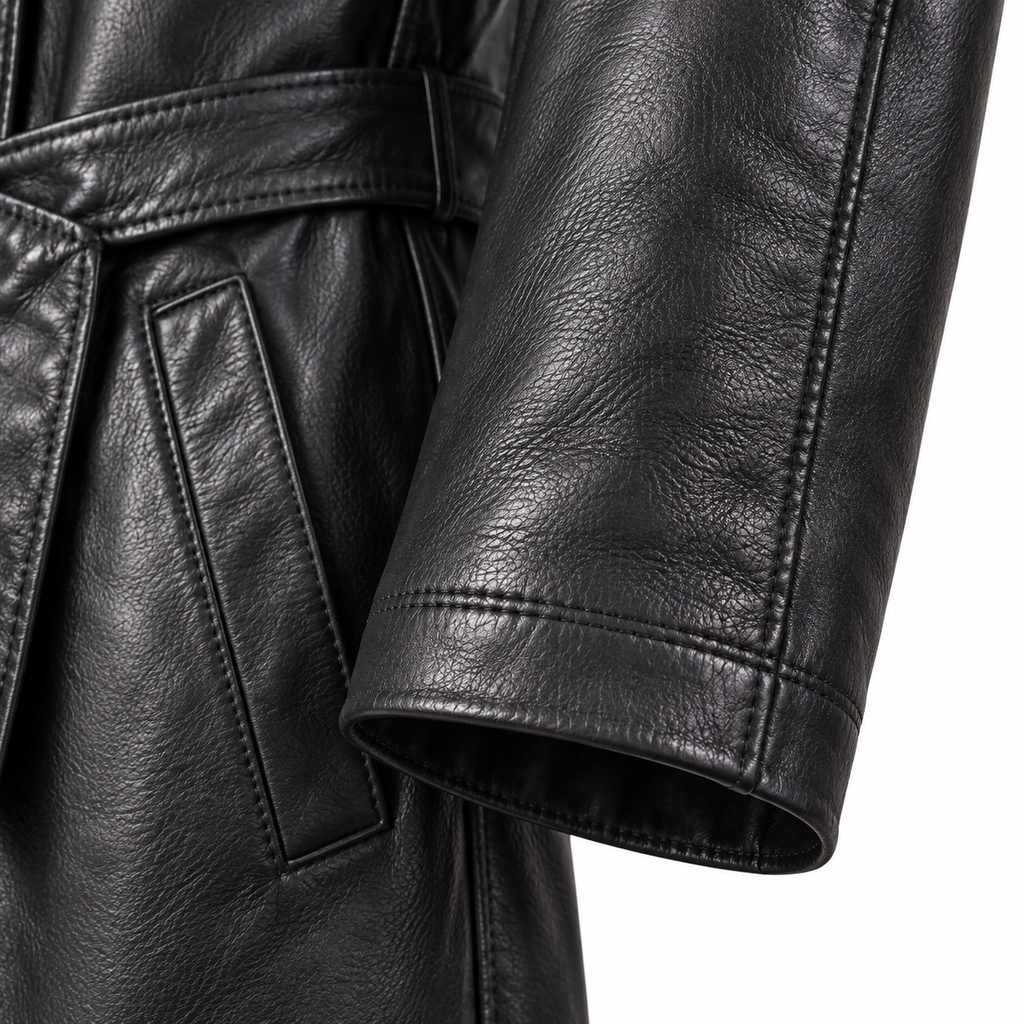 leather coat, leather long coat, leather trench coat, leather overcoat