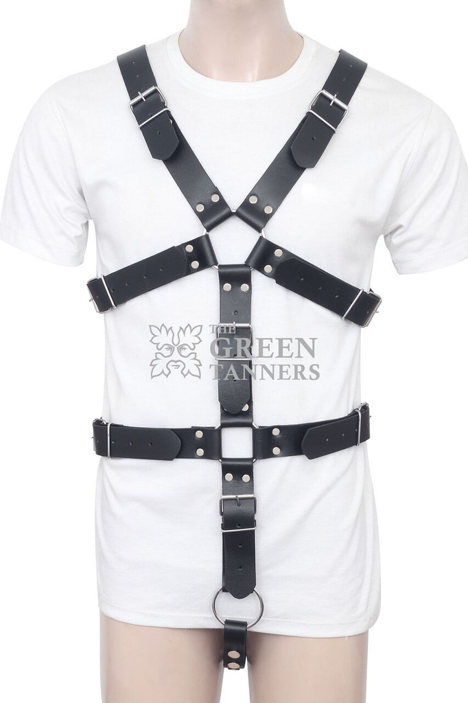 front of genuine leather cock ring harness for men, leather cock ring harness, leather harness