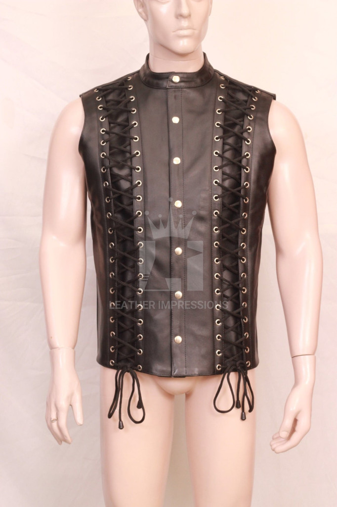 leather vest, men's leather vest, men leather vest, laced up men's leather vest