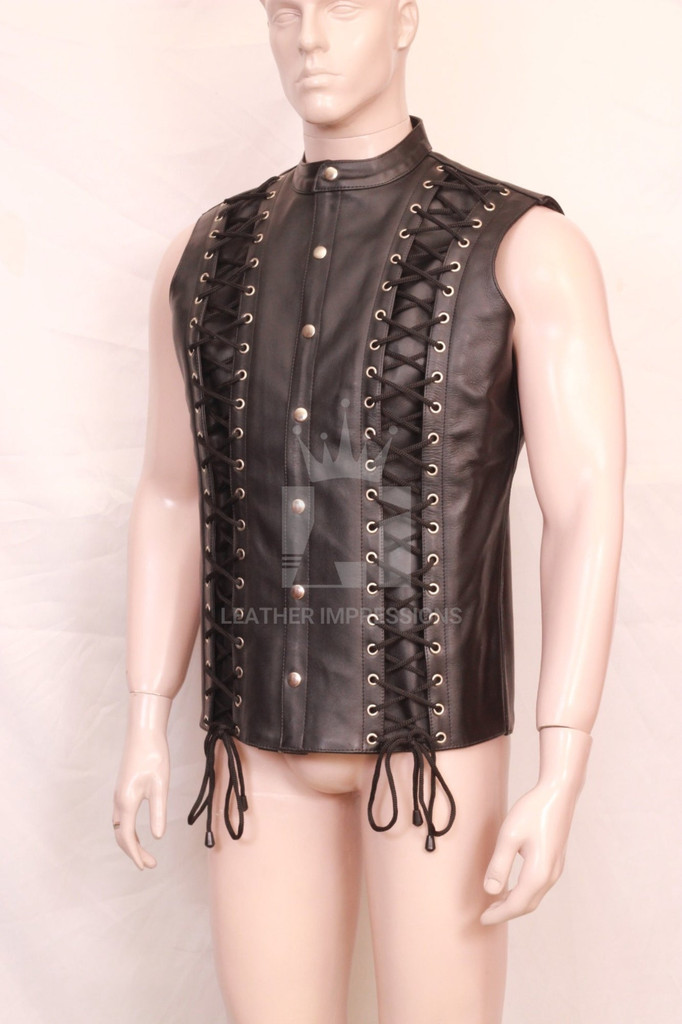 leather vest, men's leather vest, men leather vest, laced up men's leather vest