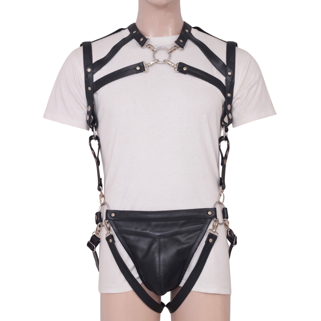 Mens BDSM Harness - Leather Harness Front view Mens BDSM Harness - Leather Harness Front view