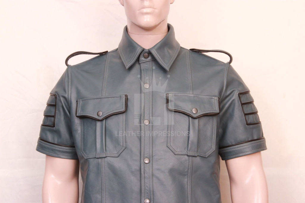 Leather military style shirt, leather BDSM shirt, Bondage leather Shirt, Leather Police Shirt fetish