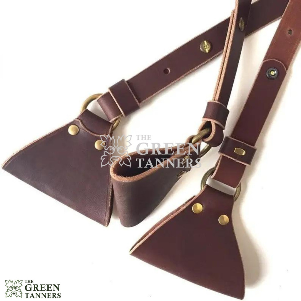 Brown Leather Bushcraft Belt Kit consisting two bags and one axe holder