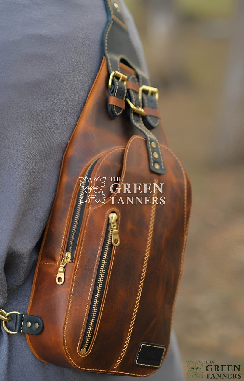 Genuine Brown Mens Leather Sling Bag | Crossbody Bag Black
