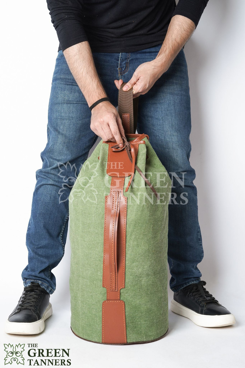 Handmade Genuine Leather and Green Waxed Canvas Duffle Bag –  99percenthandmade