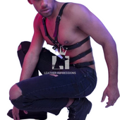 mens leather harness, leather harness, multiple O-rings with adjustable straps 