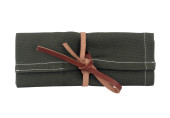 canvas tool roll, green tool wrap, leather strap tool holder, portable tool organizer, foldable tool pouch, handmade tool roll