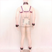men's leather harness, pink leather harness with 5 pcs cuffs