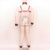 men's leather harness, pink leather harness with 5 pcs cuffs, leather bdsm harness, leather restraint harness