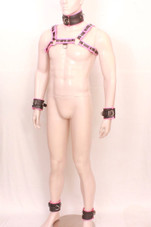 men's leather harness, pink leather harness with 5 pcs cuffs