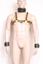 leather harness, bondage leather harness, leather h-harness, black leather harness with yellow piping