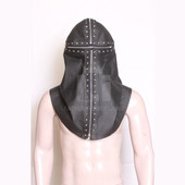 leather bondage hood, black leather hood, leather hood with silver rivets