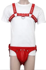 red mens leather harness with jockstrap, mens leather harness