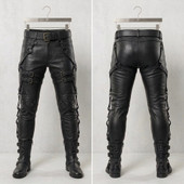 genuine leather pants, cowhide leather pants, adjustable leg belt pants, leather zipper pants, handmade leather pants
