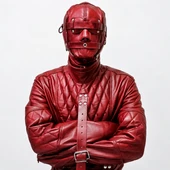 leather bondage puppy suit, leather puppy suit, bondage leather suit, quilted leather straitjacket, leather restraint suit