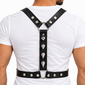 spiked leather body harness, leather chest harness, studded leather harness, leather clubwear harness, leather fashion harness