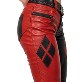 red black leather costume, Harley inspired costume, women's Halloween costume, leather villain costume, leather cosplay outfit