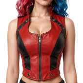 red black leather costume, Harley inspired costume, women's Halloween costume, leather villain costume, leather cosplay outfit