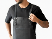Front closeup view of model wearing Welders Leather Apron