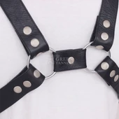 men's leather y-harness - front close view, leather harness, leather gay harness, leather bondage harness, men's leather harness, leather harness for men, bondage harness, gay harness, gay leather harness