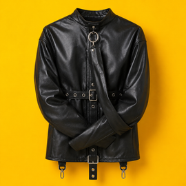 pu leather straight jacket costume, adjustable straight jacket harness, black leather costume jacket, straight jacket body harness, adult cosplay costume
