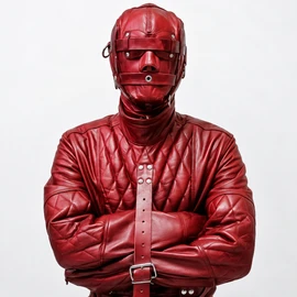 leather bondage puppy suit, leather puppy suit, bondage leather suit, quilted leather straitjacket, leather restraint suit