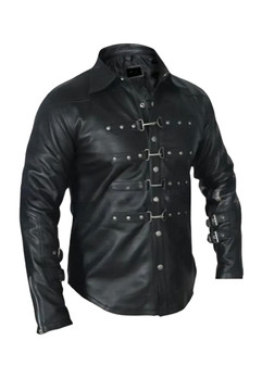 Men’s Black Leather Buckle Shirt with Straps and Metal Detailing