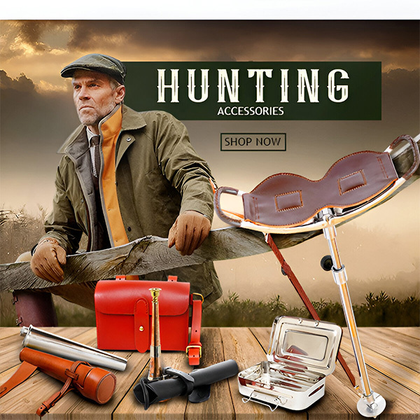 Hunting Accessories, Single stick camping stool, hunting gear, fox hunting horn, flask with leather case, hunting flask, sandwich tin with case, hunting camping stool, hunting & shooting gear