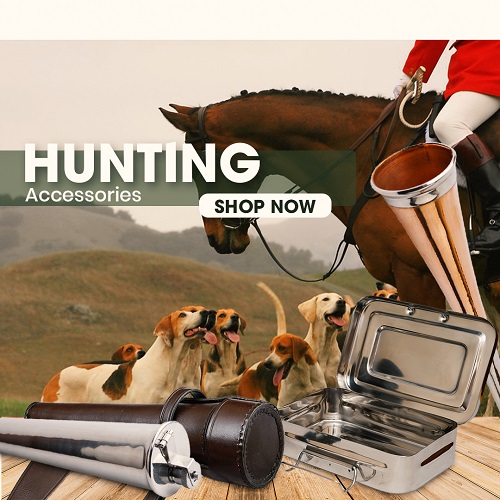 huntiing accessories, hunting camping stools, fox hunting horns, hunting flask with leather case, hunting sandwich tin with leather case, hunting gear