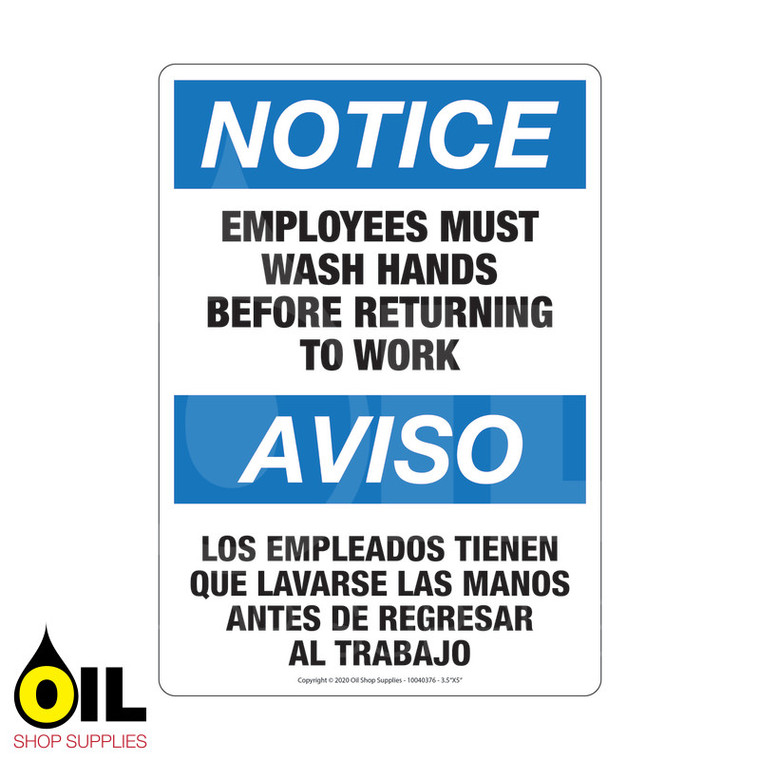 Employees must wash hands before returning to work - NOTICE - Vertical Safety Sign