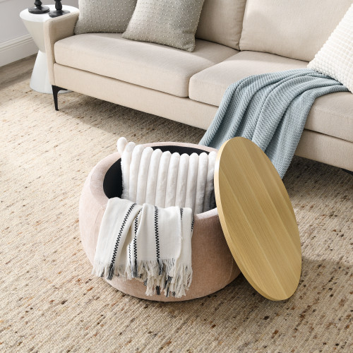 Round Storage Ottoman, 2 in 1 Function, Work as End table and Ottoman, Pink (25.5"x25.5"x14.5") Round Storage Ottoman, 2 in 1 Function, Work as End table and Ottoman, Pink (25.5"x25.5"x14.5")