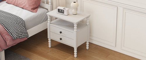 Gourd Shaped Leg 2 Drawer Nightstand, Antique White Gourd Shaped Leg 2 Drawer Nightstand, Antique White