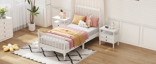 Twin Size Wood Platform Bed with Gourd Shaped Headboard and Footboard, White Twin Size Wood Platform Bed with Gourd Shaped Headboard and Footboard, White