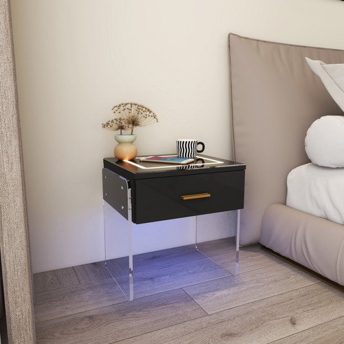 Smart Nightstand, LED Nightstand with Wireless Charging Station and 16 Color Light, End Table with USB Port and Type-C Port, Bedside Table for Bedroom, Living Room (Black) Smart Nightstand, LED Nightstand with Wireless Charging Station and 16 Color Light, End Table with USB Port and Type-C Port, Bedside Table for Bedroom, Living Room (Black)