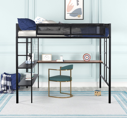 Metal Full Size Loft Bed with Desk & Shelves/ Sturdy Metal Bed Frame/ Noise-free Wood Slats/ Comfortable Textilene Guardrail/ Built-in Desk, 2-tier Shelves & Grid Panel/ 2 Side Ladders Metal Full Size Loft Bed with Desk & Shelves/ Sturdy Metal Bed Frame/ Noise-free Wood Slats/ Comfortable Textilene Guardrail/ Built-in Desk, 2-tier Shelves & Grid Panel/ 2 Side Ladders