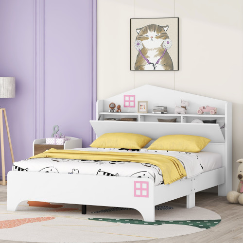 Wooden Full Size House Bed with Storage Headboard ,Kids Bed with Storage Shelf,White Wooden Full Size House Bed with Storage Headboard ,Kids Bed with Storage Shelf,White
