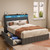 Queen Size Bed Frame with LED, 4 Under-bed Portable Storage Drawers, Wings Headboard Design, Dark Grey Queen Size Bed Frame with LED, 4 Under-bed Portable Storage Drawers, Wings Headboard Design, Dark Grey