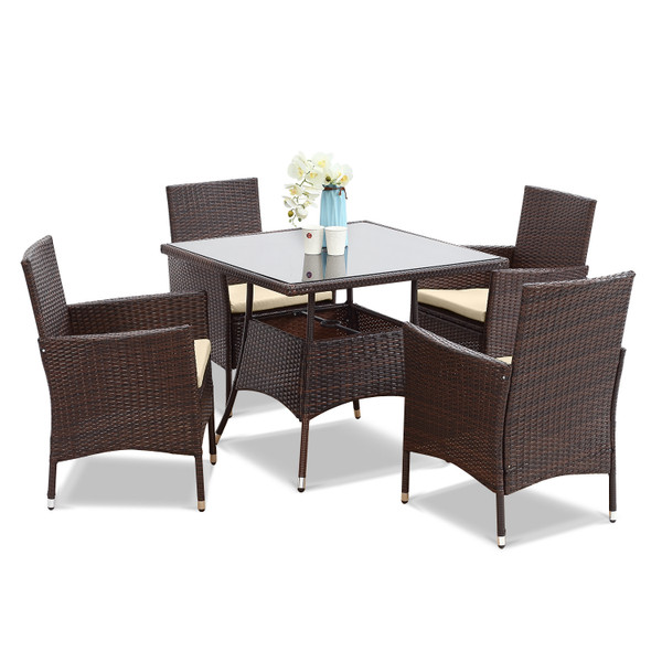 5-Pieces PE Rattan Wicker and Metal Patio Dining Set with Beige Cushions 5-Pieces PE Rattan Wicker and Metal Patio Dining Set with Beige Cushions