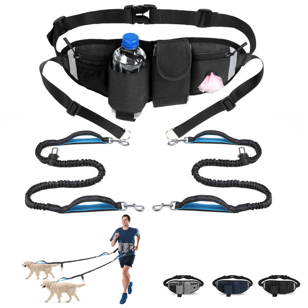 Hands Free Dog Leash with Waist Bag for Walking Small Medium Large Dogs;  Reflective Bungee Leash with Car Seatbelt Buckle and Dual Padded Handles;  Adjustable Waist Belt Hands Free Dog Leash with Waist Bag for Walking Small Medium Large Dogs;  Reflective Bungee Leash with Car Seatbelt Buckle and Dual Padded Handles;  Adjustable Waist Belt