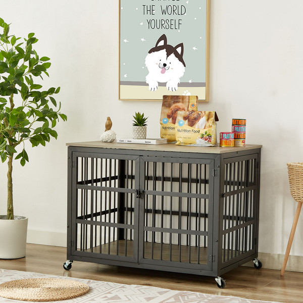 Furniture style dog crate wrought iron frame door with side openings, Grey, 38.4''W x 27.7''D x 30.2''H. Furniture style dog crate wrought iron frame door with side openings, Grey, 38.4''W x 27.7''D x 30.2''H.