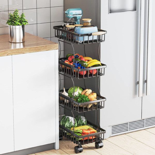 4 Tier Fruit Vegetable Basket for Kitchen, Storage Cart, Vegetable Basket Bins, Wire Storage Organizer Utility Cart with Wheels, Medium, Black 4 Tier Fruit Vegetable Basket for Kitchen, Storage Cart, Vegetable Basket Bins, Wire Storage Organizer Utility Cart with Wheels, Medium, Black