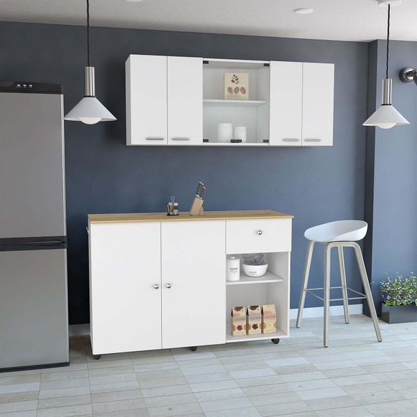 Tigard 2 Piece Kitchen Set, Syros Kitchen Island Cart + Oceana 150 Wall Cabinet Glass, White / Light Oak Tigard 2 Piece Kitchen Set, Syros Kitchen Island Cart + Oceana 150 Wall Cabinet Glass, White / Light Oak