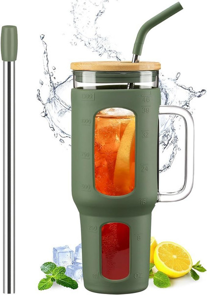 Glass Tumbler With Lid And Straw, 46 Oz Iced Coffee Cup With Handle, Glass Water Bottles With Silicone Sleeve, Glass Cup With Straws Glass Tumbler With Lid And Straw, 46 Oz Iced Coffee Cup With Handle, Glass Water Bottles With Silicone Sleeve, Glass Cup With Straws