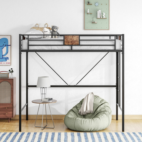 Metal Twin Loft Bed Frame with Stairs & Full-Length Guardrail, Space-Saving Design, No Box Spring Needed,, Noise Free, Black Metal Twin Loft Bed Frame with Stairs & Full-Length Guardrail, Space-Saving Design, No Box Spring Needed,, Noise Free, Black