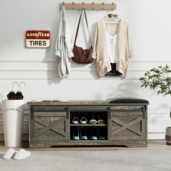 47 Inch Modern Farmhouse Sliding X Barn Door Litterbox Bench with Entry Cutout, Shoe Bench 47 Inch Modern Farmhouse Sliding X Barn Door Litterbox Bench with Entry Cutout, Shoe Bench