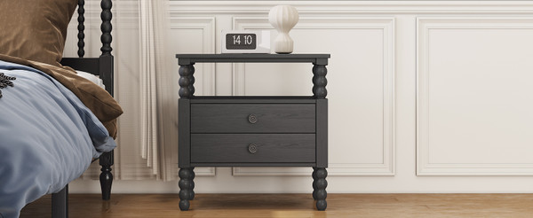 Gourd Shaped Leg 2 Drawer Nightstand, Antique Black Gourd Shaped Leg 2 Drawer Nightstand, Antique Black