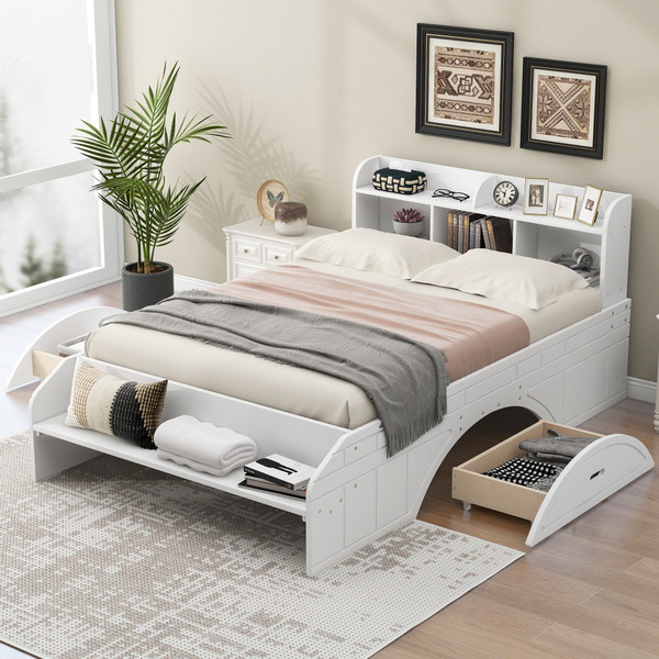 Wood Full Size Platform Bed with 2 Drawers, Storage Headboard and Footboard, White(Expected Arrival Time: 1.28)